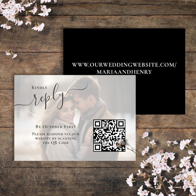 Elegant Photo Wedding RSVP Qr Code  (Black and white photo reply card with elegant calligraphy script. )