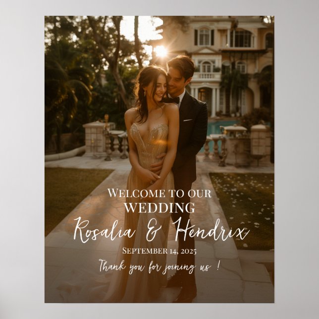 Elegant photo wedding welcome sign modern script (Front)