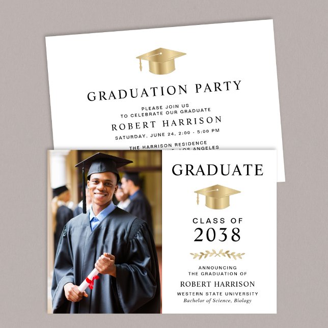 Elegant Photo White Gold College Graduation Party Invitation (An elegant college graduation party invitation to celebrate the graduate's achievements)