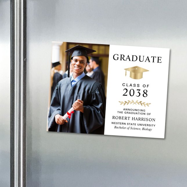 Elegant Photo White Gold Graduation Announcement (An elegant college graduation announcement magnet to celebrate the graduate's achievements)
