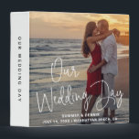 Elegant Photo White Script Overlay Wedding Planner Binder<br><div class="desc">Modern photo wedding planner binder featuring your favourite picture with "Our Wedding Date" as a text overlay in a thin white handwriting script font.  Below are your names and wedding details.  A simple yet elegant design.  Use this custom binder as a photo album,  wedding planner or scrapbook.</div>