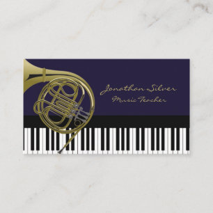 Elegant Piano Keys & French Horn Music Business Card