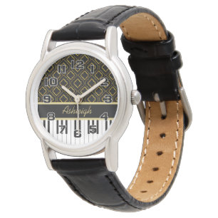 Elegant Piano Keys with Gold Quatrefoil on Black Watch