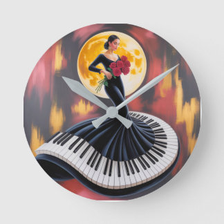 Elegant Piano Music Woman Art Design Round Clock