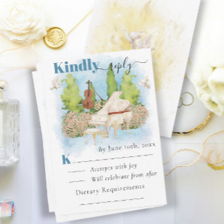 Elegant Piano | Violin doves Summer Wedding RSVP Card