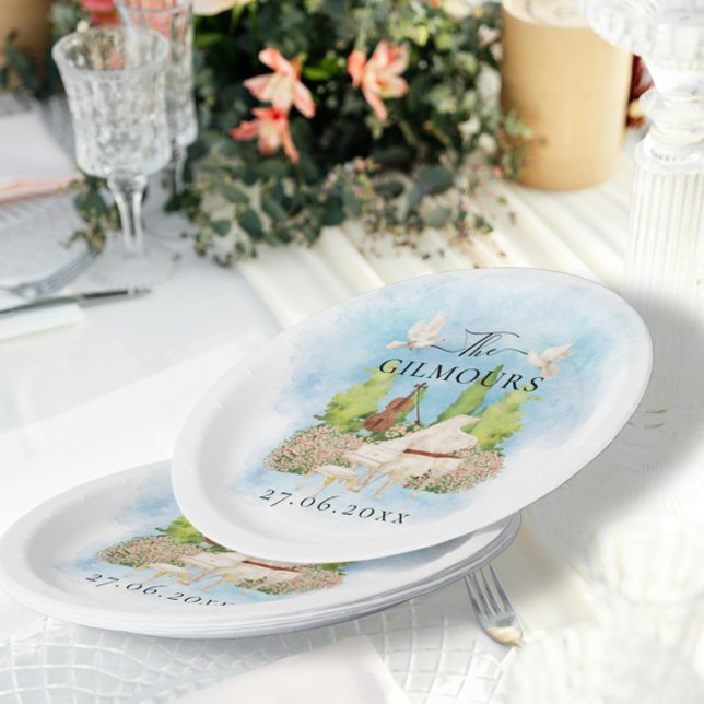 Elegant Piano | Violin flower doves Wedding Luxury Paper Plate (Creator Uploaded)
