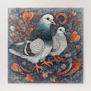 Elegant Pigeon Pair Amidst Intricate Floral Art Jigsaw Puzzle