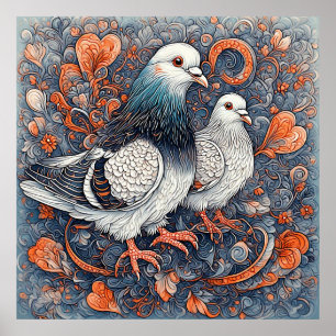 Elegant Pigeon Pair Amidst Intricate Floral Art Poster