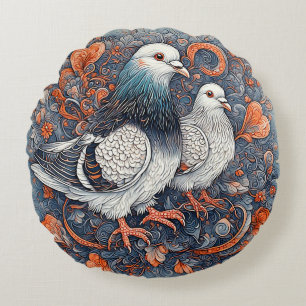 Elegant Pigeon Pair Amidst Intricate Floral Art Round Pillow