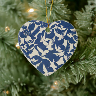 Elegant Pigeons in White and Blue Ceramic Ornament