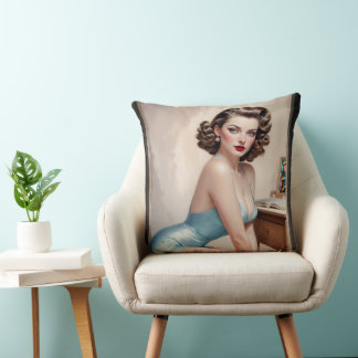 Elegant Pin-Up Girl Beauty In Satin Blue Attire Throw Pillow