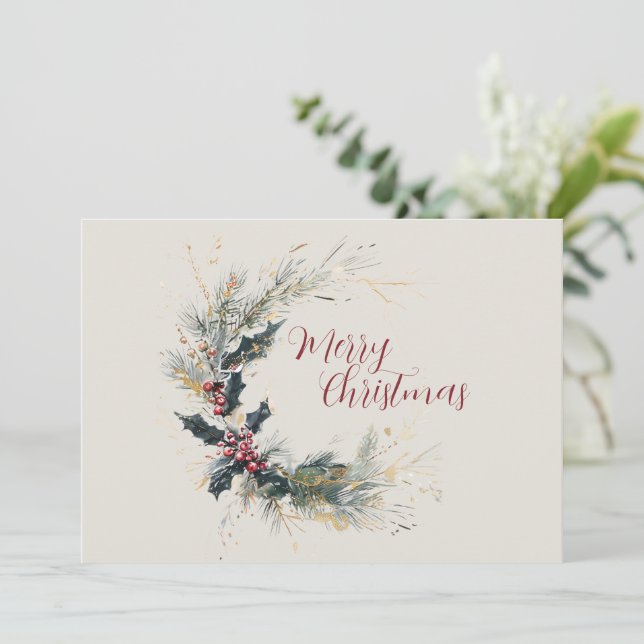 Elegant Pine and Holly Wreath with Gold Accents Holiday Card (Standing Front)