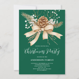 Elegant Pine Bow Green Christmas Holiday Party Invitation