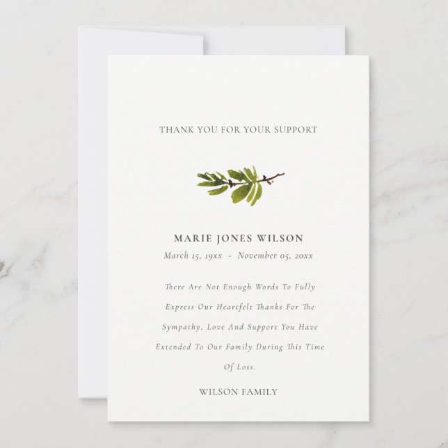Elegant Pine Branch Foliage Sympathy Memorial Thank You Card (Front)