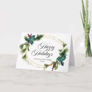 Elegant Pine Fir Holly Berry Christmas Greeting Holiday Card