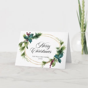 Elegant Pine Fir Holly Berry Christmas Greeting Holiday Card