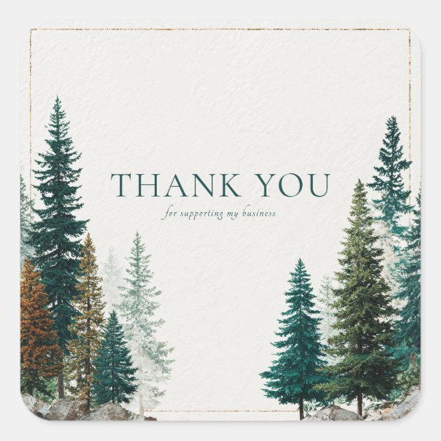 Elegant Pine Forest Rocky Base Gold Frame Rustic Square Sticker (Front)