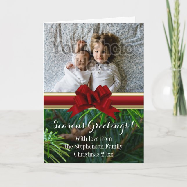 Elegant Pine Gold Red Bow Christmas Holiday Card (Front)