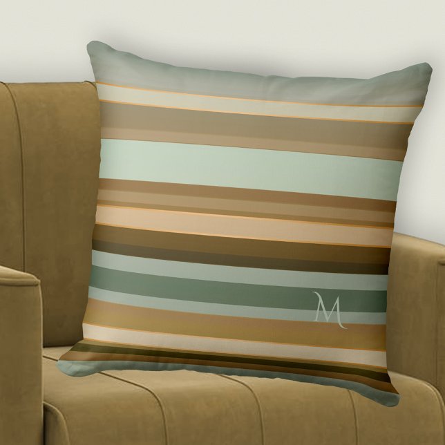 Elegant Pine Green Grey Brown Striped Pattern Throw Pillow (Pillow featuring an elegant striped pattern in pine green with grey brown and small rose gold lines)