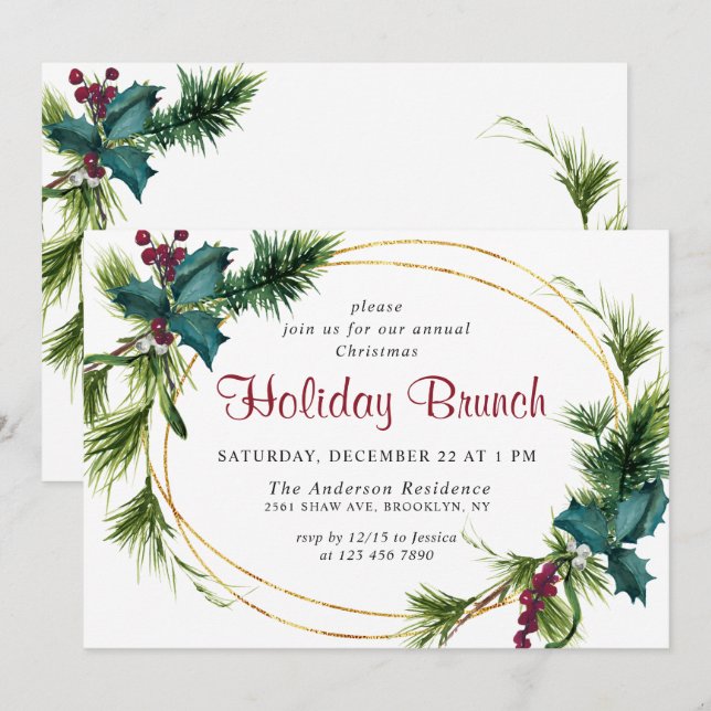 Elegant Pine Holly Berry Christmas Holiday Brunch Invitation (Front/Back)