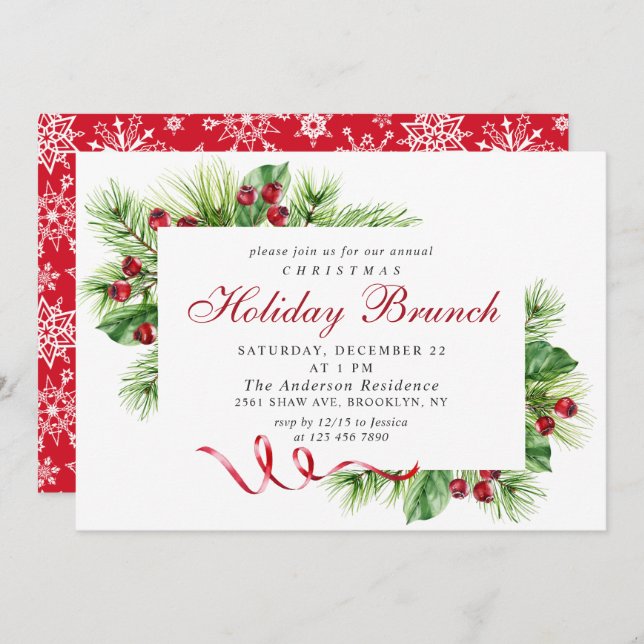 Elegant Pine Holly Berry Christmas Holiday Brunch Invitation (Front/Back)