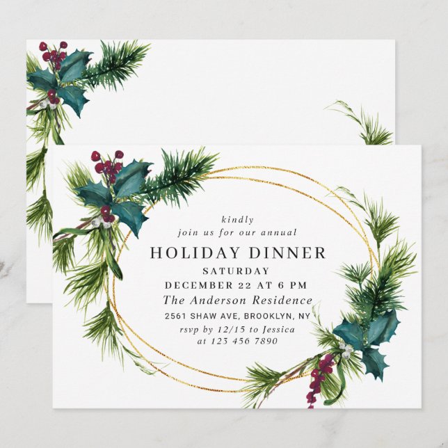 Elegant Pine Holly Berry CHRISTMAS HOLIDAY DINNER Invitation (Front/Back)