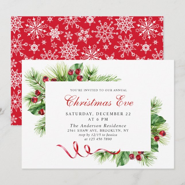 Elegant Pine Holly Berry Holiday Christmas Eve Invitation (Front/Back)