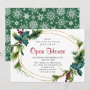 Elegant Pine Holly Christmas Holiday Open House Invitation