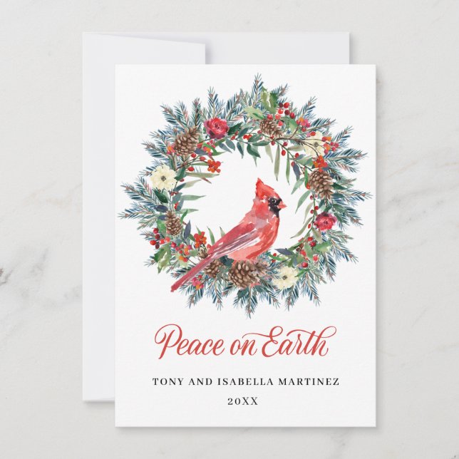 Elegant Pine Holly Christmas Wreath Red Cardinal Holiday Card (Front)