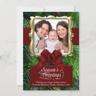 Elegant Pine/Red/Gold Frame Photo Christmas Card