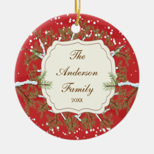 Elegant Pine Tree  Branche Dated Family Christmas Ceramic Ornament