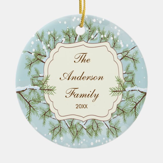Elegant Pine Tree  Branche Dated Family Christmas Ceramic Ornament (Front)