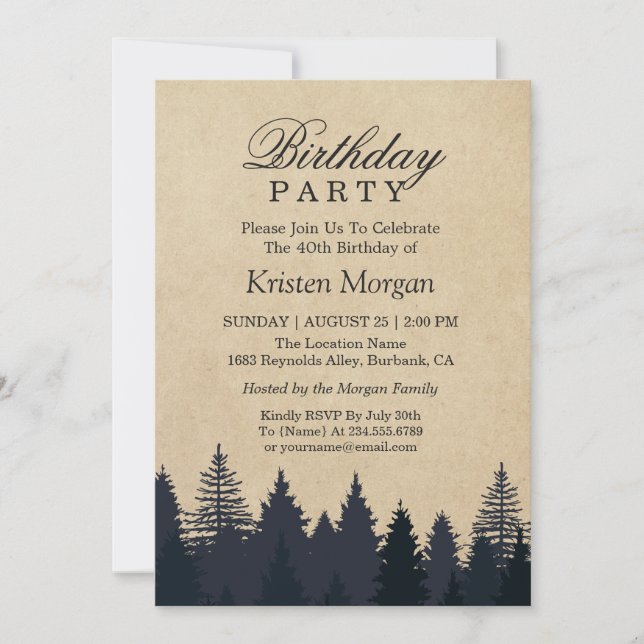 Elegant Pine Tree Kraft Birthday Party Invitation (Front)