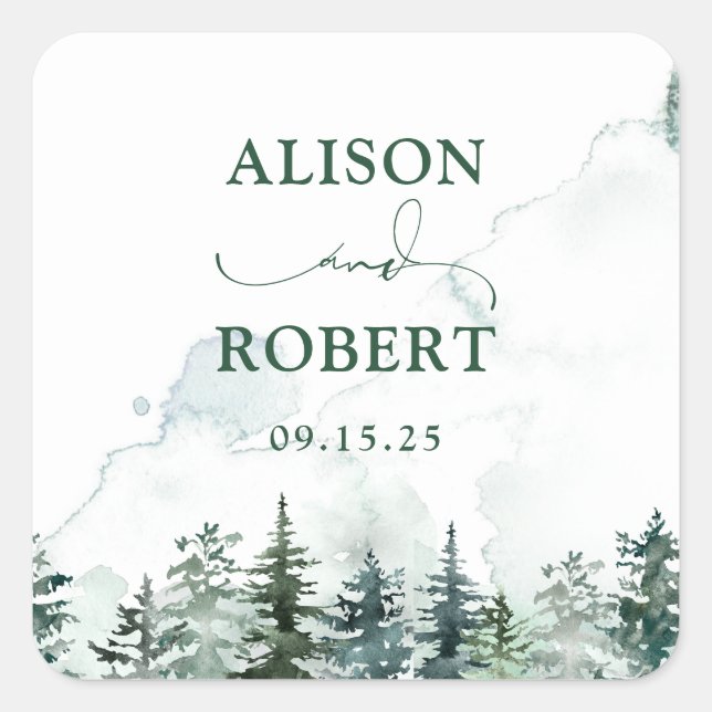 Elegant Pine Trees Forest Calligraphy Wedding  Square Sticker (Front)
