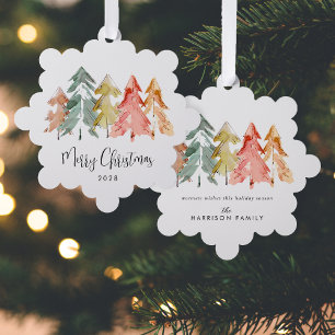 Elegant Pine Trees Watercolor Merry Christmas Ornament Card