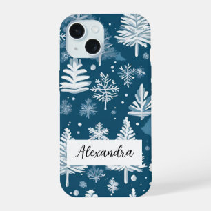 Elegant Pine Trees with Falling Snowflakes Winter iPhone 15 Case