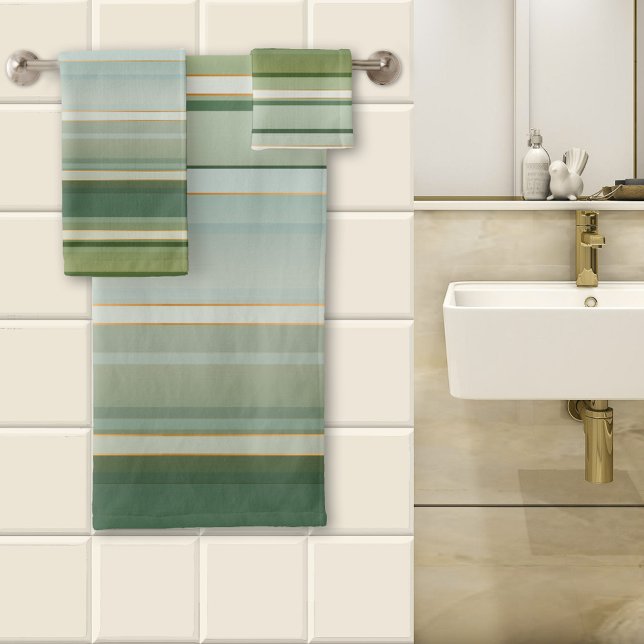 Élégant Pine Vert clair Turquoise rayé (A lovely striped bathroom towel set in fresh pine green and pale turquoise with tiny rose gold lines)