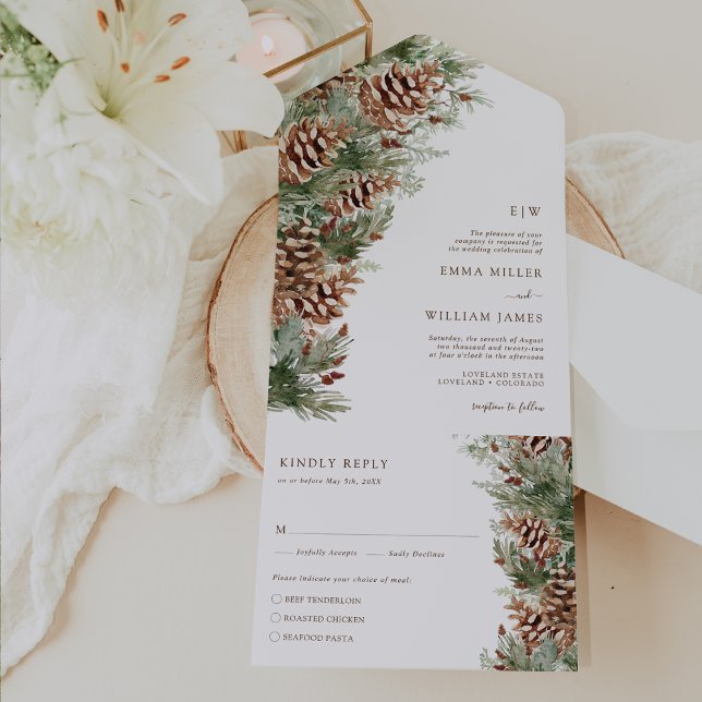 Elegant Pine Wedding All In One Invitation (Elegant Pine Floral Monogrammed Wedding All In One Invitation by Painted Paperie
)