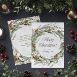 Elegant Pine Wreath and Greenery | Merry Christmas Holiday Card<br><div class="desc">This stunning holiday card features a Christmas wreath with elegant botanical greenery foliage, and pine cones with festive white flowers. Modern script calligraphy says "Merry Christmas, " and a subtle, sage green watercolor splash decorates the centre of the wreath. The back has a matching design with room to add a...</div>