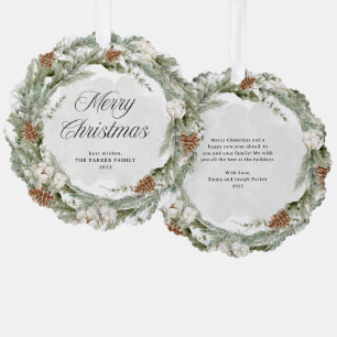 Elegant Pine Wreath and Greenery   Merry Christmas Ornament Card