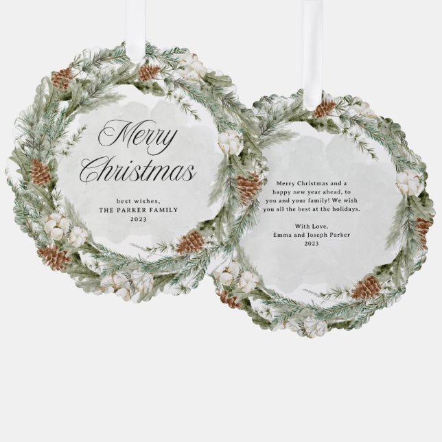 Elegant Pine Wreath and Greenery | Merry Christmas Ornament Card (Front/Back)