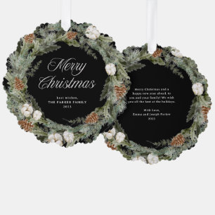 Elegant Pine Wreath and Greenery   Merry Christmas Ornament Card