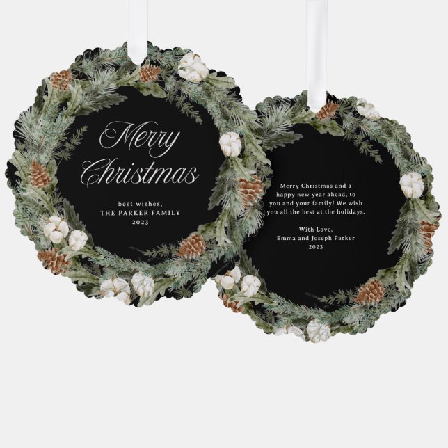 Elegant Pine Wreath and Greenery | Merry Christmas Ornament Card (Front/Back)
