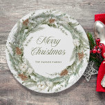 Elegant Pine Wreath and Greenery | Merry Christmas Paper Plate<br><div class="desc">These stunning holiday paper plates feature a Christmas wreath with elegant botanical greenery foliage,  and pine cones with festive white flowers. Modern script calligraphy says "Merry Christmas."</div>