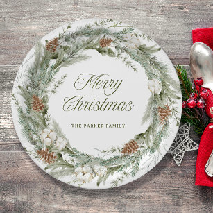 Elegant Pine Wreath and Greenery   Merry Christmas Paper Plate