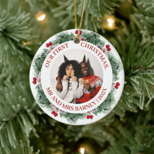 Elegant Pine Wreath First Christmas Married Photo Ceramic Ornament