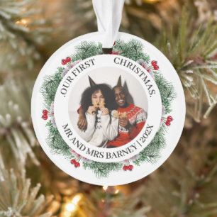 Elegant Pine Wreath First Christmas Married Photo Ornament