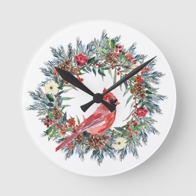 Elegant Pine Wreath Red Cardinal Christmas  Round Clock (Front)