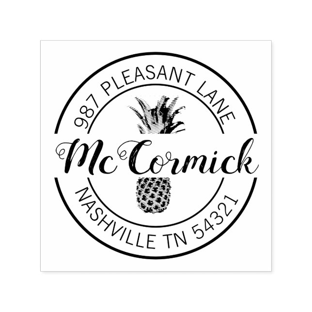 Elegant Pineapple Calligraphy Return Address Round Self-inking Stamp (Design)