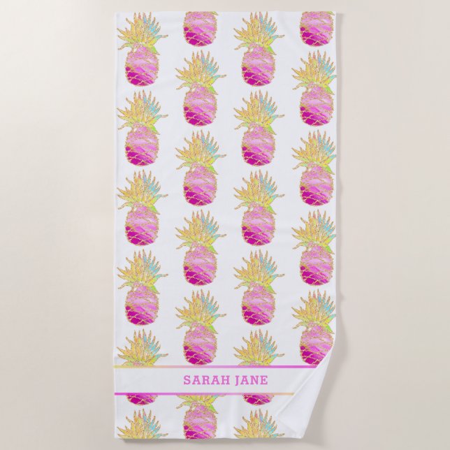 Elegant Pineapple in Pinks and Gold Personalized Beach Towel (Front)